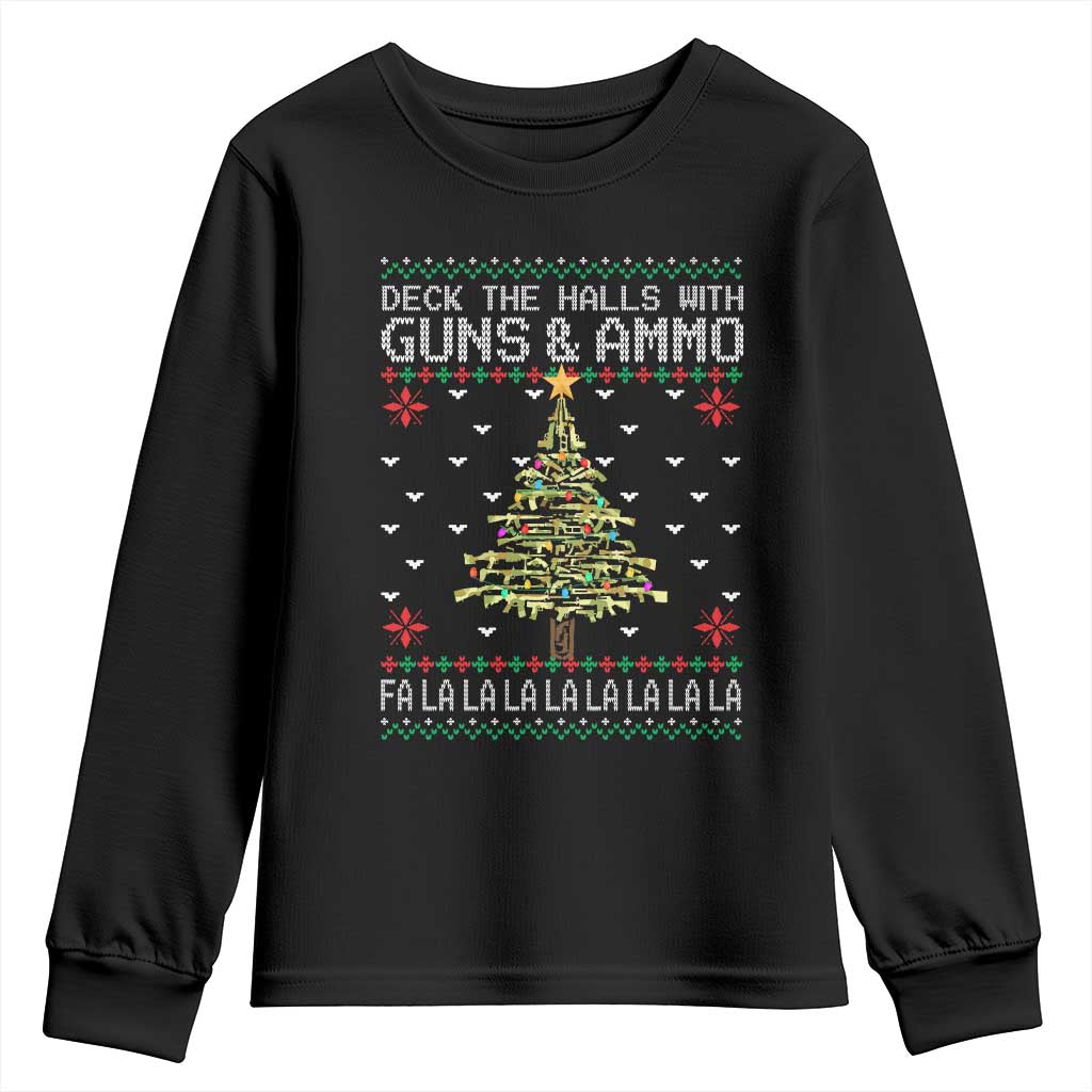 Christmas Gun Lover Youth Sweatshirt Deck The Halls With Guns And Ammo TS09 Black Print Your Wear