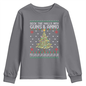 Christmas Gun Lover Youth Sweatshirt Deck The Halls With Guns And Ammo TS09 Charcoal Print Your Wear