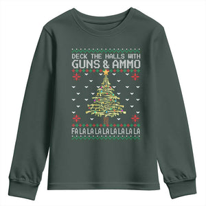 Christmas Gun Lover Youth Sweatshirt Deck The Halls With Guns And Ammo TS09 Dark Forest Green Print Your Wear