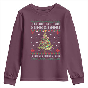 Christmas Gun Lover Youth Sweatshirt Deck The Halls With Guns And Ammo TS09 Maroon Print Your Wear