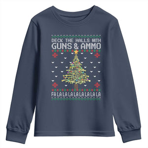Christmas Gun Lover Youth Sweatshirt Deck The Halls With Guns And Ammo TS09 Navy Print Your Wear