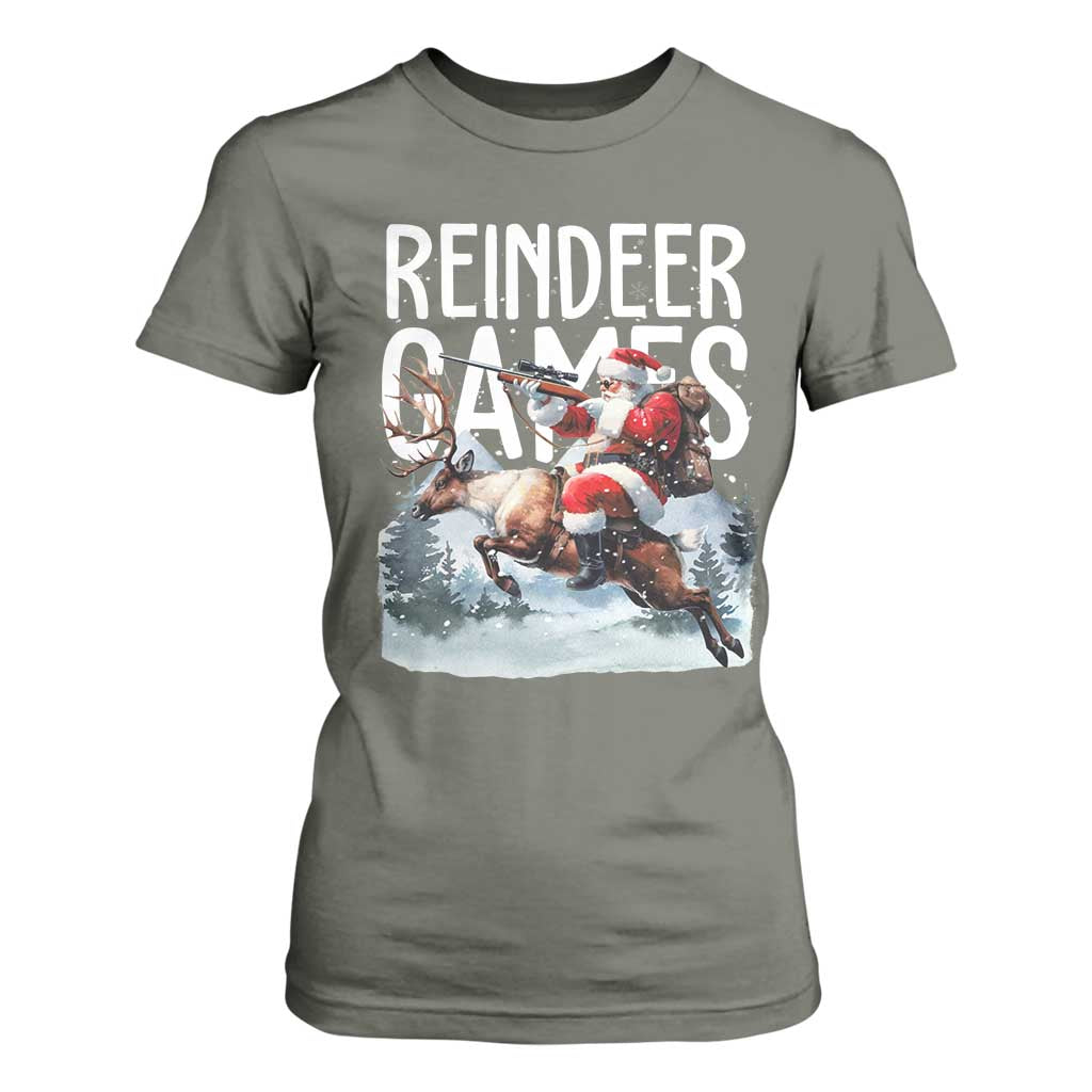 Christmas Hunting T Shirt For Women Reindeer Game Santa Hunter Deer Season TS09 Military Green Print Your Wear