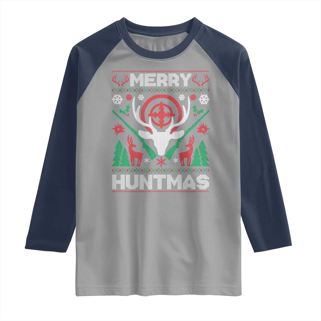 Christmas Hunting Raglan Shirt Merry Huntmas Deer Season Hunter TS09 Sport Gray Navy Print Your Wear