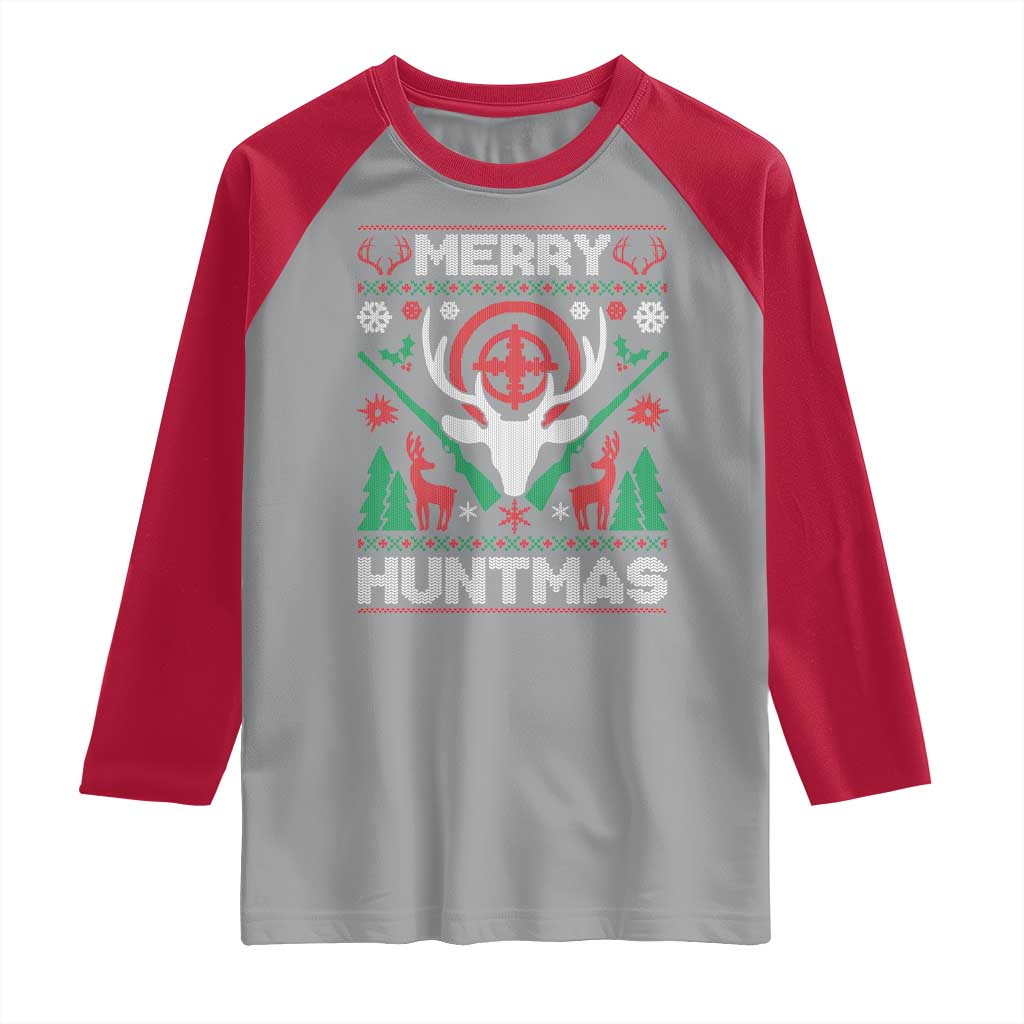 Christmas Hunting Raglan Shirt Merry Huntmas Deer Season Hunter TS09 Sport Gray Red Print Your Wear