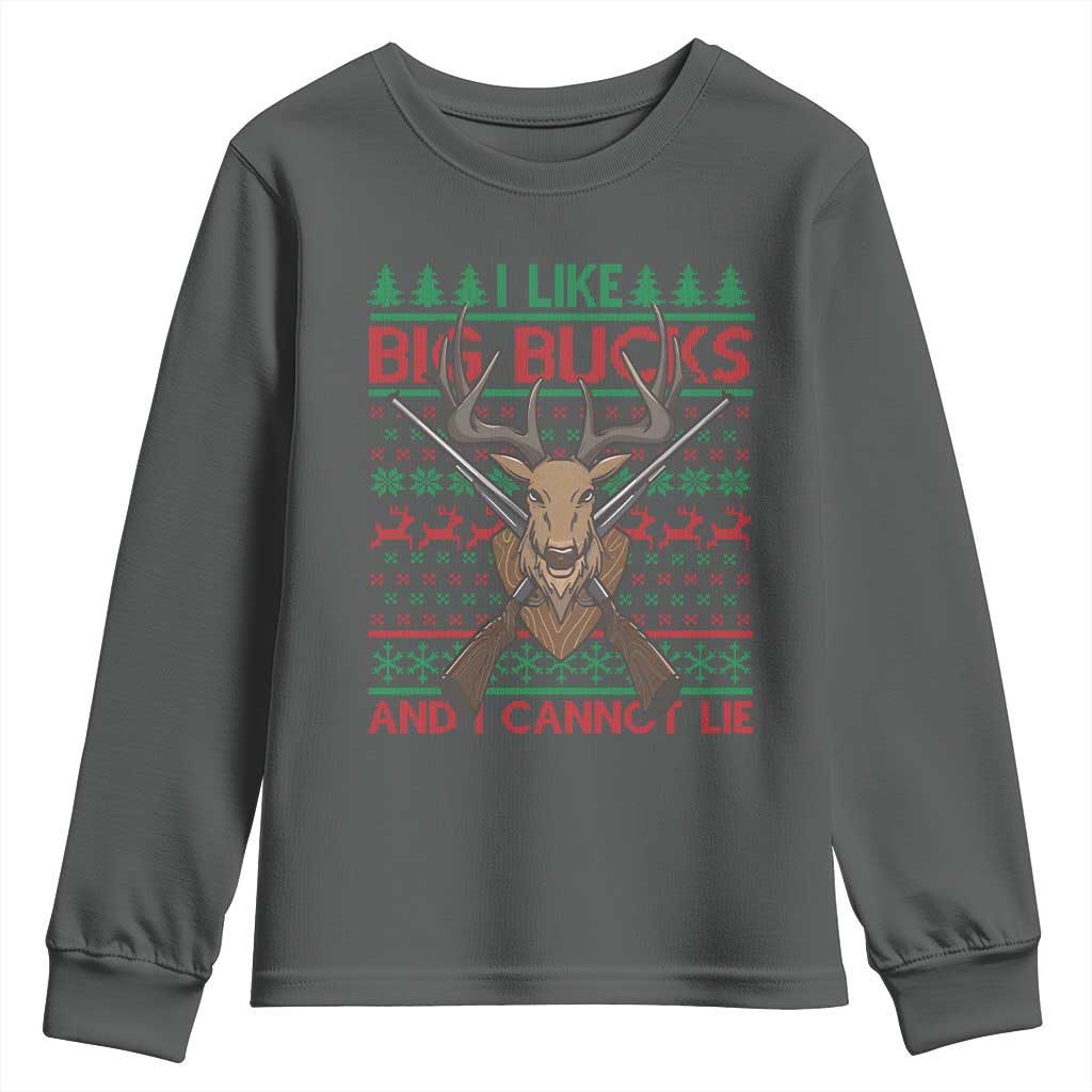 Christmas Hunting Youth Sweatshirt I Like Big Bucks And I Cannot Lie Deer Hunter TS09 Dark Heather Print Your Wear