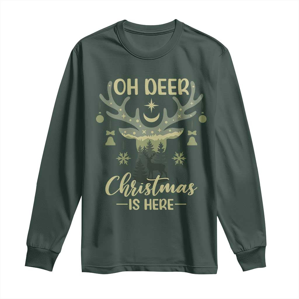Christmas Hunting Long Sleeve Shirt Oh Deer Christmas Is Here Hunter TS09 Dark Forest Green Print Your Wear
