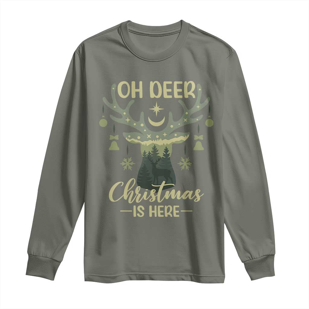 Christmas Hunting Long Sleeve Shirt Oh Deer Christmas Is Here Hunter TS09 Military Green Print Your Wear