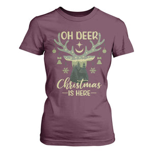 Christmas Hunting T Shirt For Women Oh Deer Christmas Is Here Hunter TS09 Maroon Print Your Wear