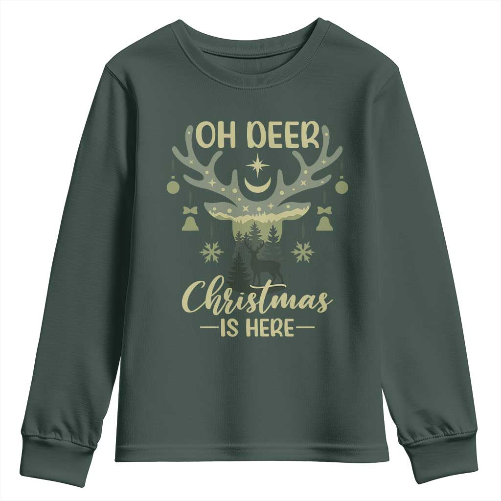 Christmas Hunting Youth Sweatshirt Oh Deer Christmas Is Here Hunter TS09 Dark Forest Green Print Your Wear