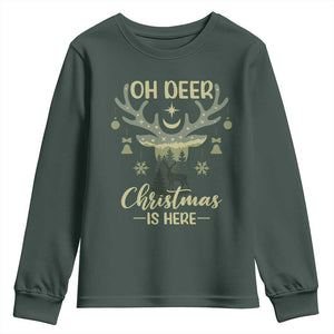 Christmas Hunting Youth Sweatshirt Oh Deer Christmas Is Here Hunter TS09 Dark Forest Green Print Your Wear