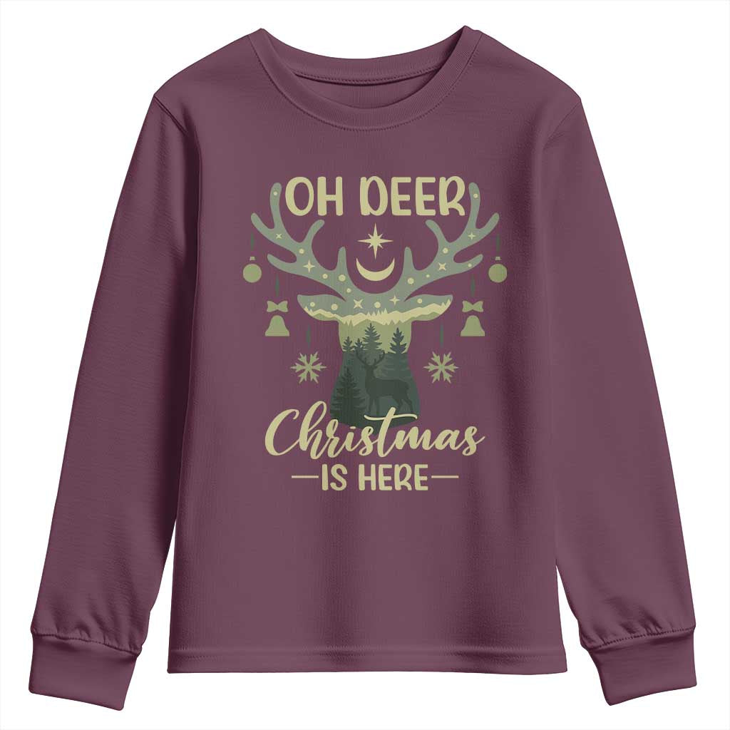 Christmas Hunting Youth Sweatshirt Oh Deer Christmas Is Here Hunter TS09 Maroon Print Your Wear