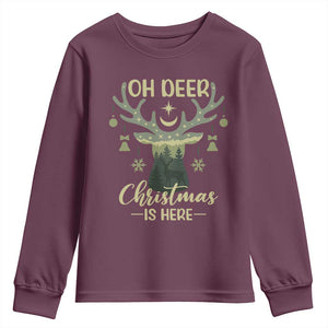 Christmas Hunting Youth Sweatshirt Oh Deer Christmas Is Here Hunter TS09 Maroon Print Your Wear
