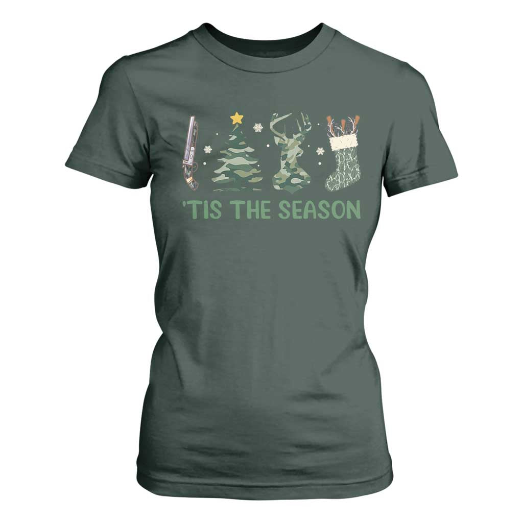 Christmas Hunting T Shirt For Women Tis The Season Hunting Camo Hunter TS09 Dark Forest Green Print Your Wear