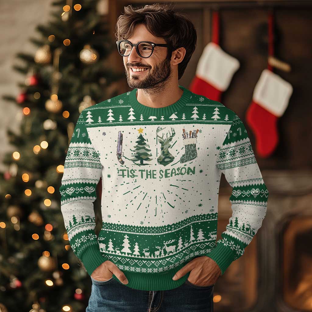 Xmas Hunting Ugly Christmas Sweater Tis The Season Hunting Camo Hunter TS09 Green Print Your Wear