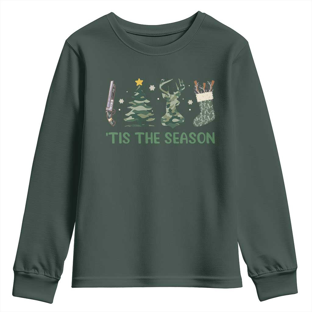 Christmas Hunting Youth Sweatshirt Tis The Season Hunting Camo Hunter TS09 Dark Forest Green Print Your Wear