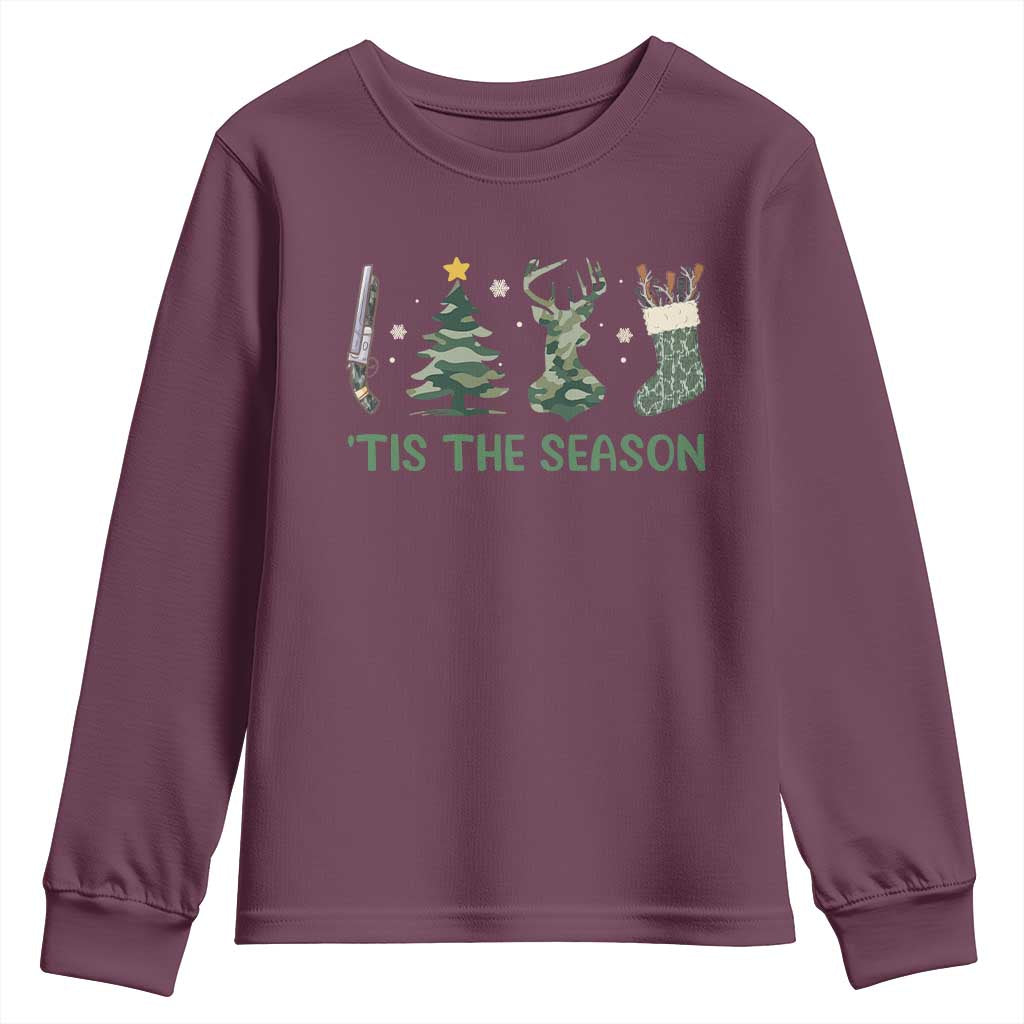 Christmas Hunting Youth Sweatshirt Tis The Season Hunting Camo Hunter TS09 Maroon Print Your Wear