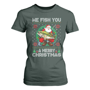 Xmas Fishing T Shirt For Women We Fish You A Merry Christmas Santa Fisherman TS09 Dark Forest Green Print Your Wear