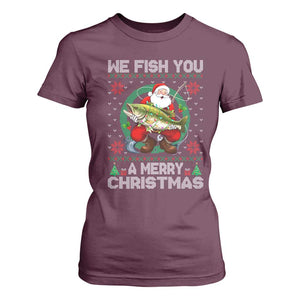 Xmas Fishing T Shirt For Women We Fish You A Merry Christmas Santa Fisherman TS09 Maroon Print Your Wear