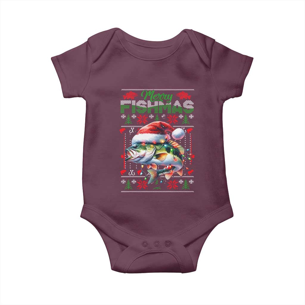 Christmas Fishing Baby Onesie Merry Fishmas Fisherman Santa Hat Fish TS09 Maroon Print Your Wear