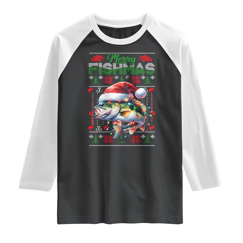 Christmas Fishing Raglan Shirt Merry Fishmas Fisherman Santa Hat Fish TS09 Black White Print Your Wear