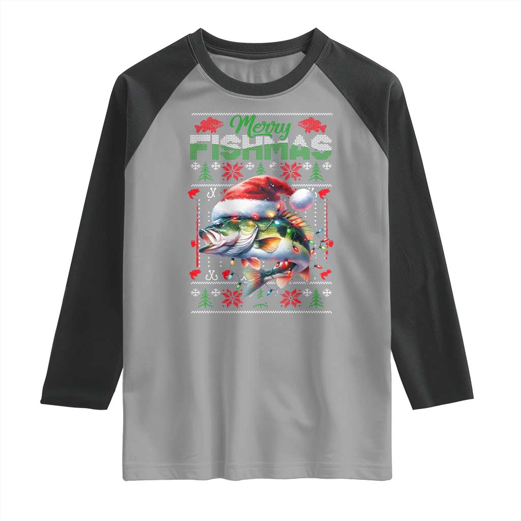 Christmas Fishing Raglan Shirt Merry Fishmas Fisherman Santa Hat Fish TS09 Sport Gray Black Print Your Wear
