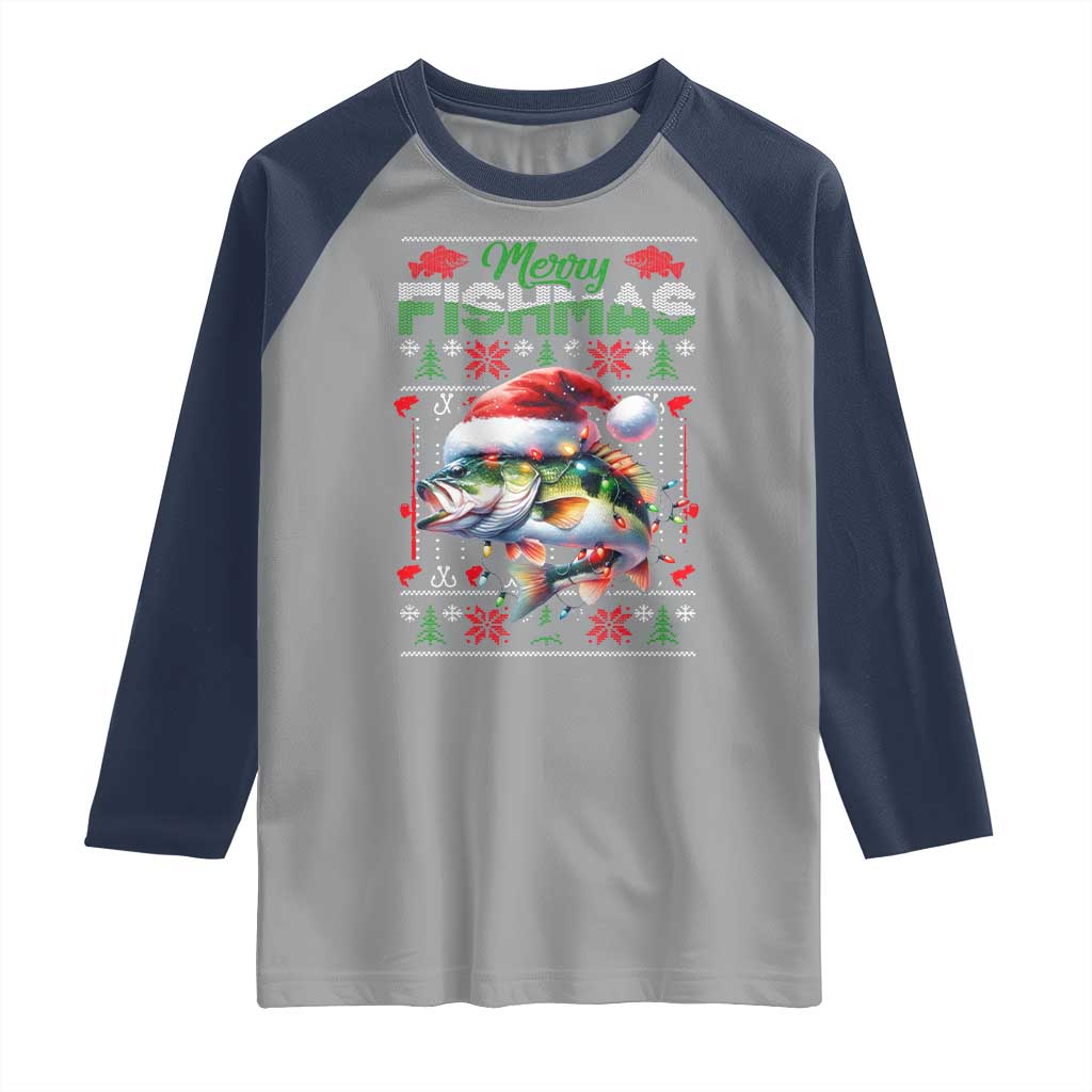 Christmas Fishing Raglan Shirt Merry Fishmas Fisherman Santa Hat Fish TS09 Sport Gray Navy Print Your Wear
