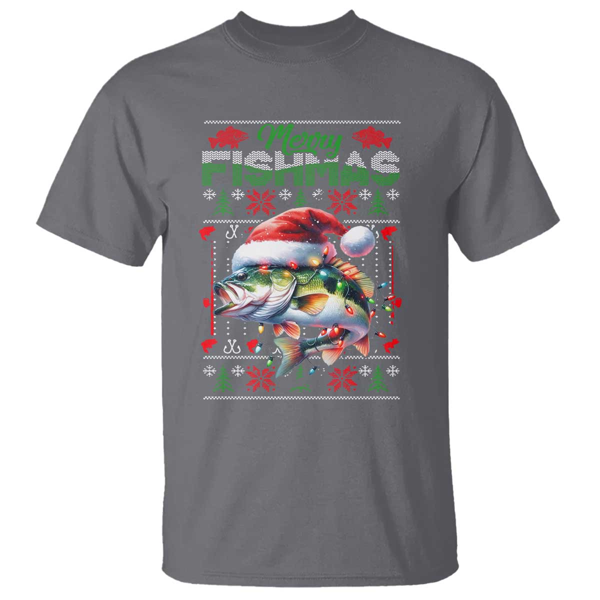 Christmas Fishing T Shirt Merry Fishmas Fisherman Santa Hat Fish TS09 Charcoal Print Your Wear