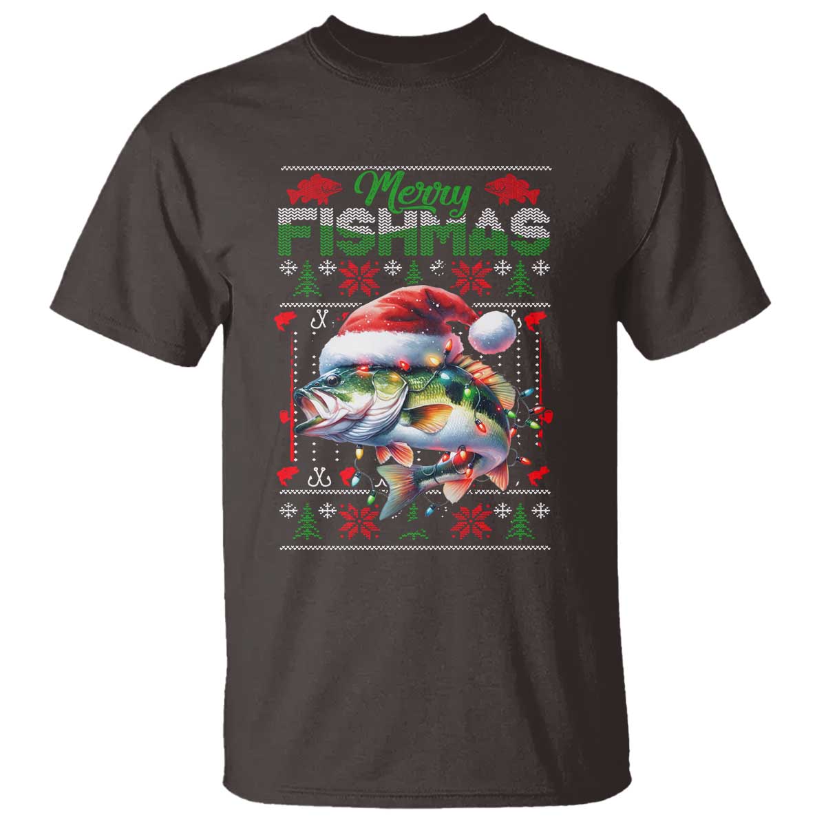 Christmas Fishing T Shirt Merry Fishmas Fisherman Santa Hat Fish TS09 Dark Chocolate Print Your Wear