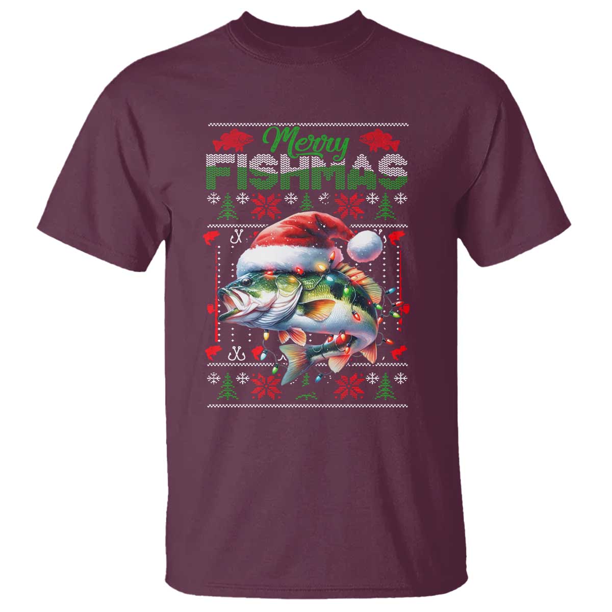 Christmas Fishing T Shirt Merry Fishmas Fisherman Santa Hat Fish TS09 Maroon Print Your Wear