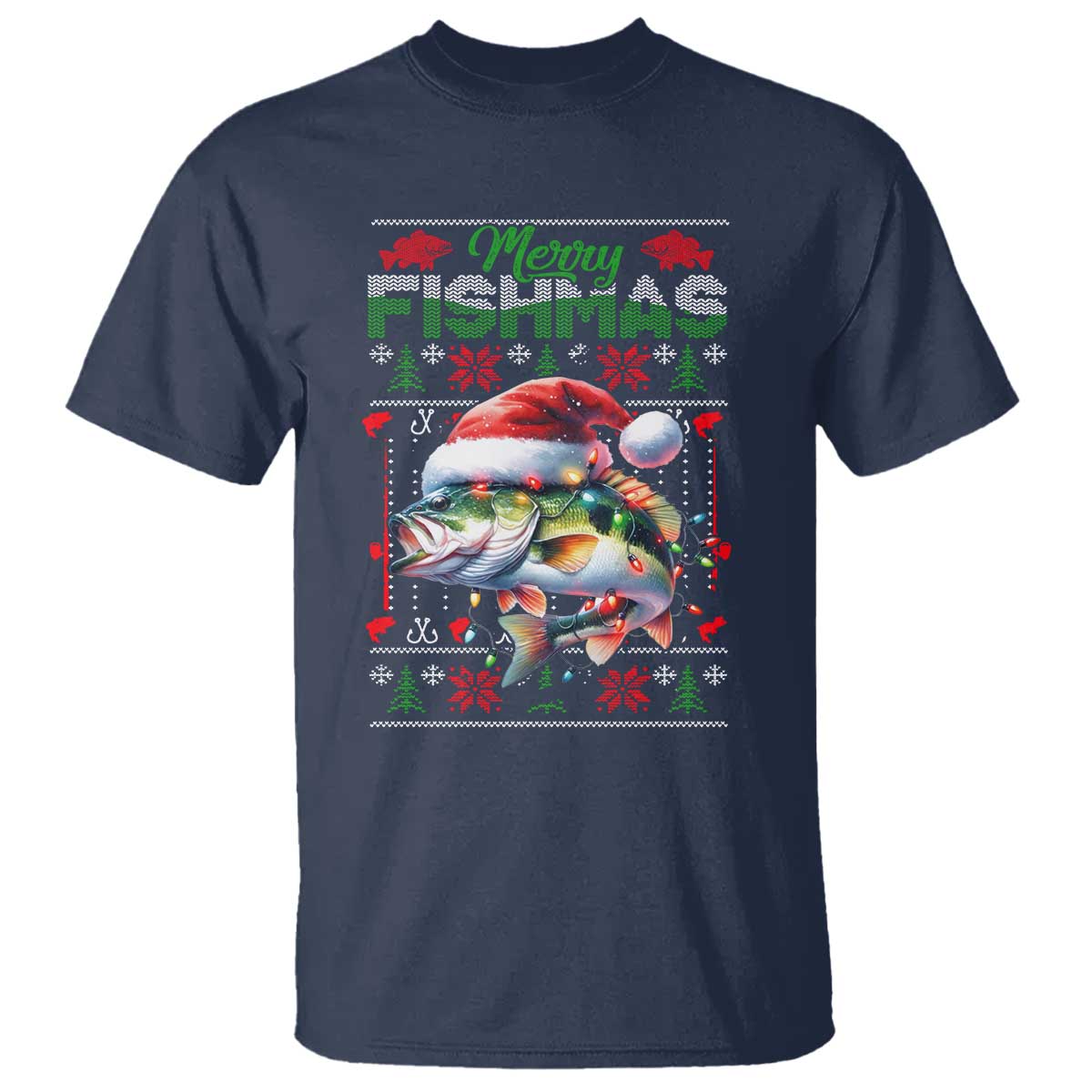 Christmas Fishing T Shirt Merry Fishmas Fisherman Santa Hat Fish TS09 Navy Print Your Wear