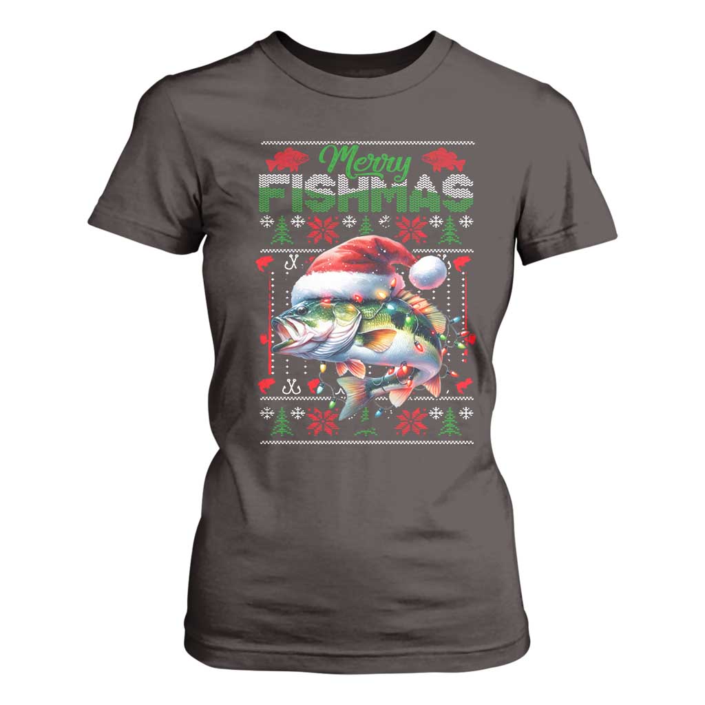 Christmas Fishing T Shirt For Women Merry Fishmas Fisherman Santa Hat Fish TS09 Dark Chocolate Print Your Wear
