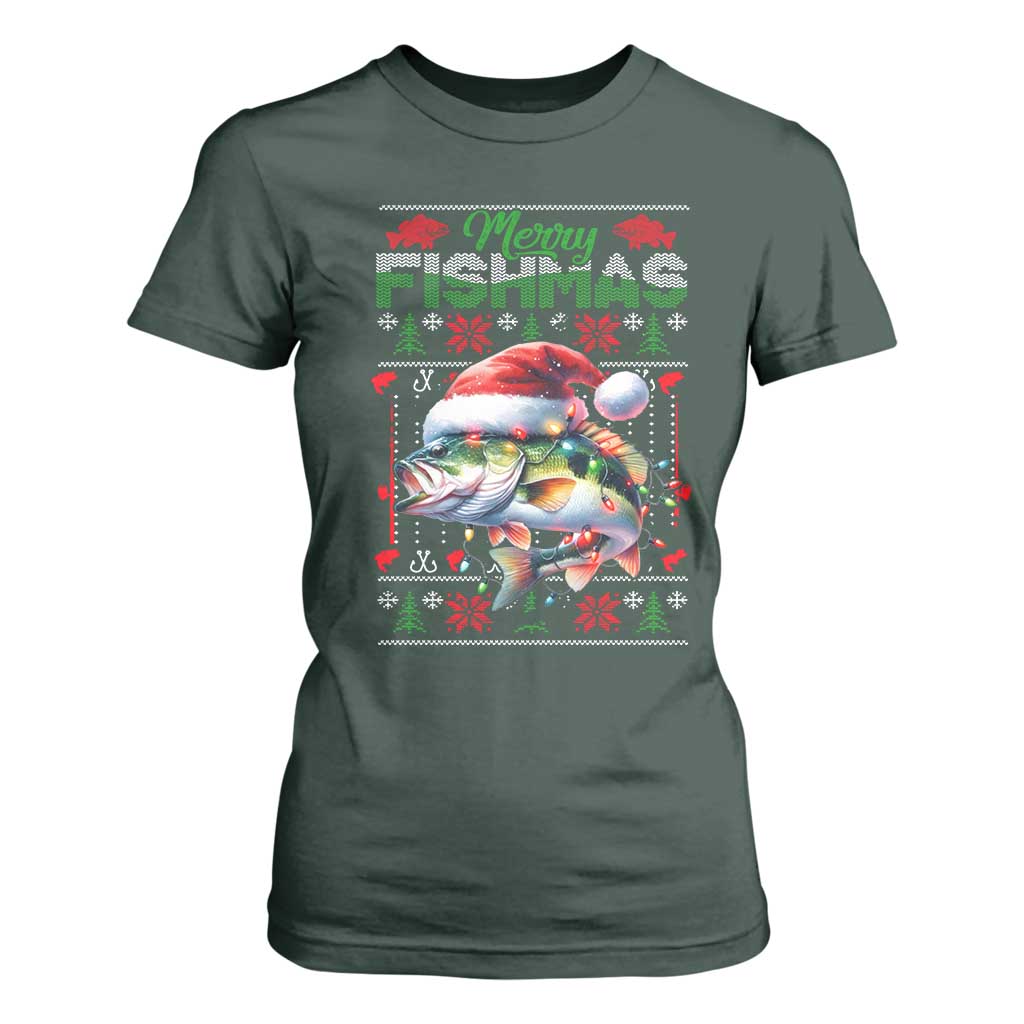 Christmas Fishing T Shirt For Women Merry Fishmas Fisherman Santa Hat Fish TS09 Dark Forest Green Print Your Wear
