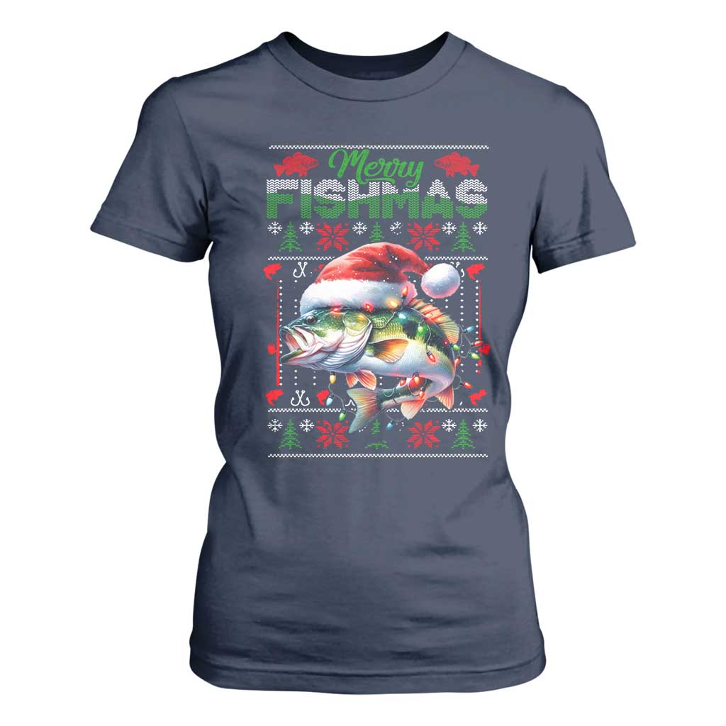Christmas Fishing T Shirt For Women Merry Fishmas Fisherman Santa Hat Fish TS09 Navy Print Your Wear