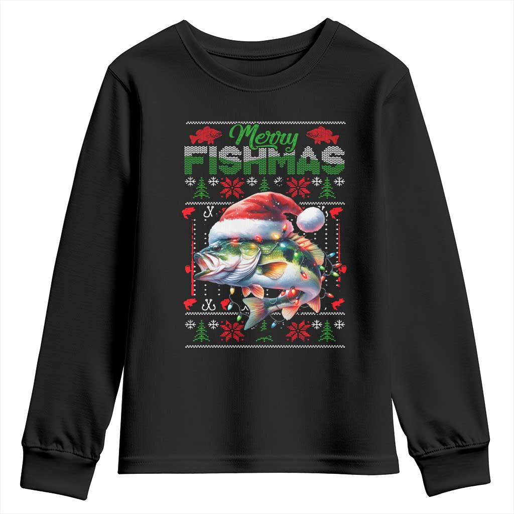 Christmas Fishing Youth Sweatshirt Merry Fishmas Fisherman Santa Hat Fish TS09 Black Print Your Wear