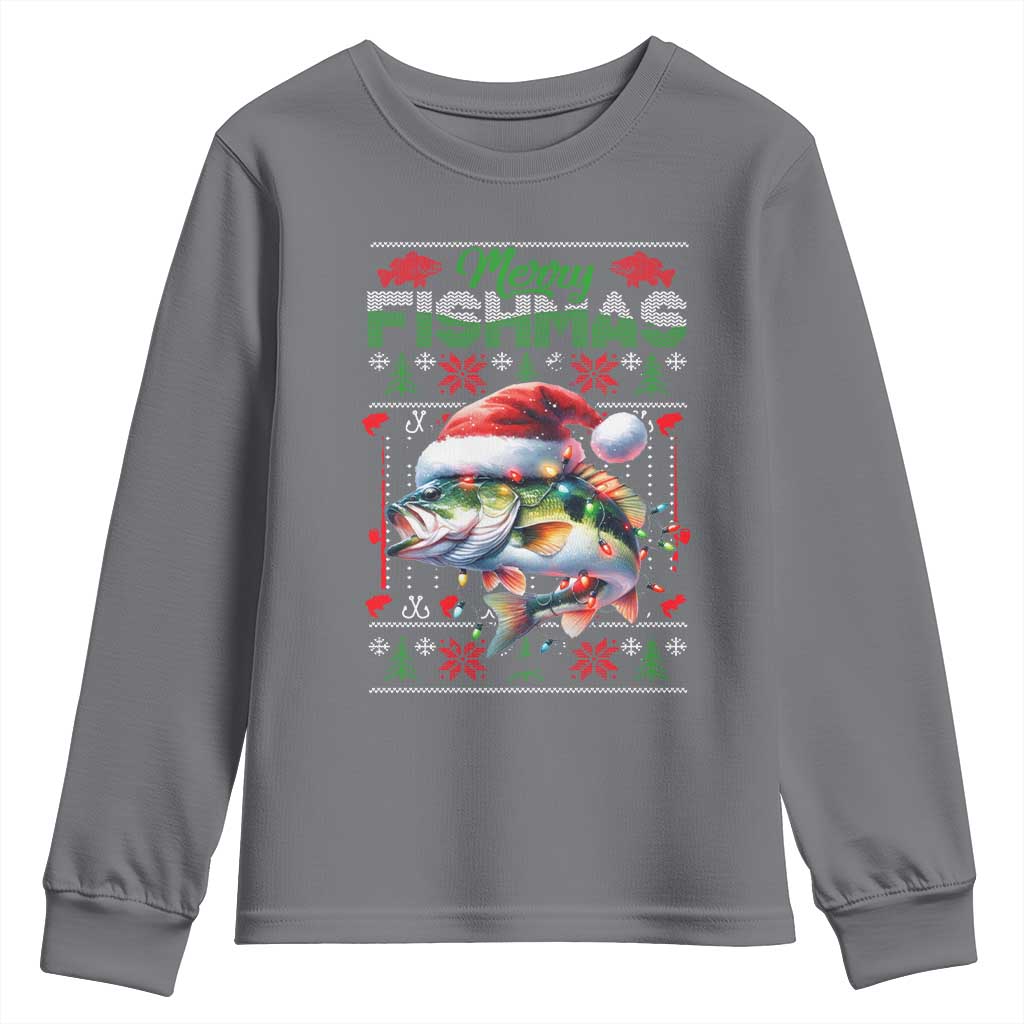 Christmas Fishing Youth Sweatshirt Merry Fishmas Fisherman Santa Hat Fish TS09 Charcoal Print Your Wear