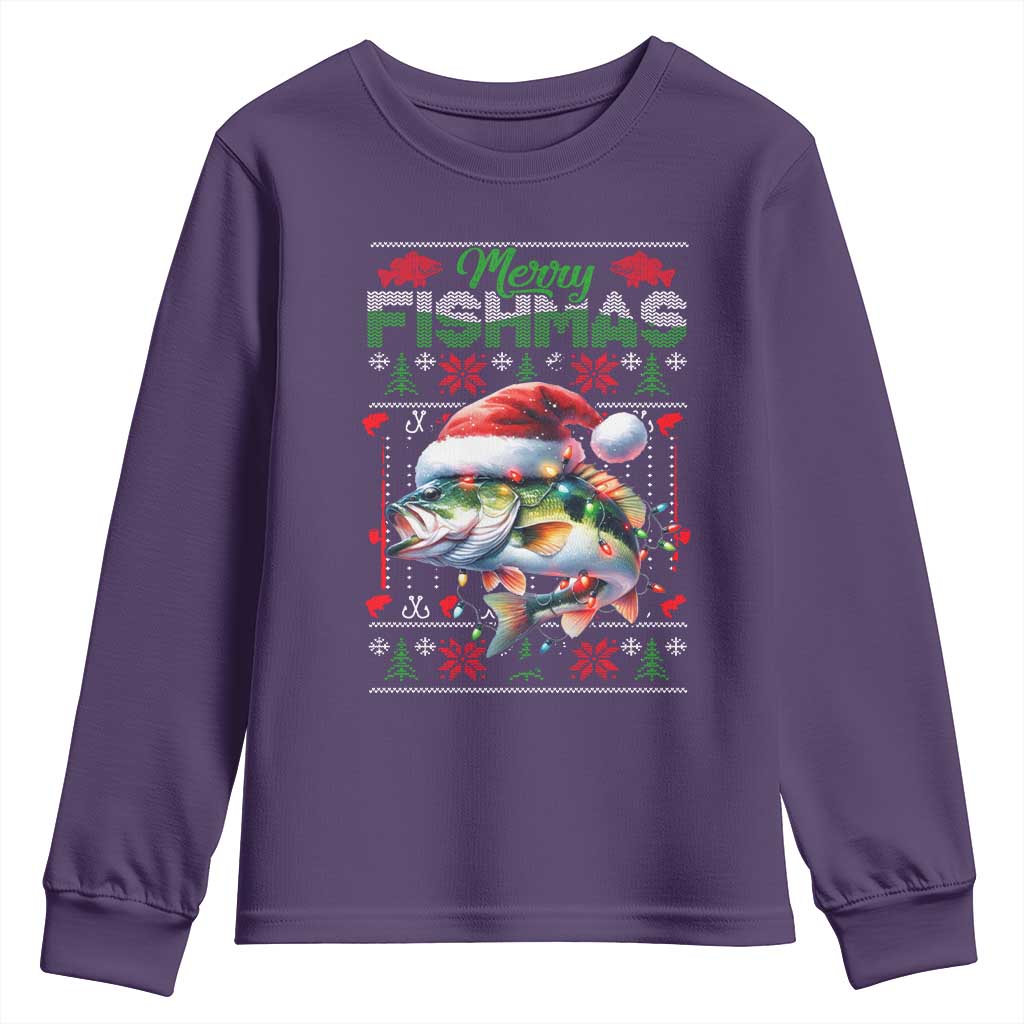 Christmas Fishing Youth Sweatshirt Merry Fishmas Fisherman Santa Hat Fish TS09 Purple Print Your Wear