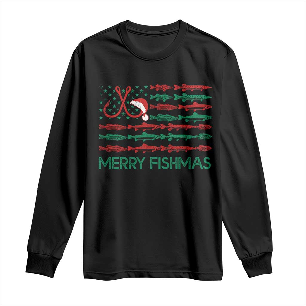 Christmas Fishing Long Sleeve Shirt Merry Fishmas Fisherman American Flag TS09 Black Print Your Wear