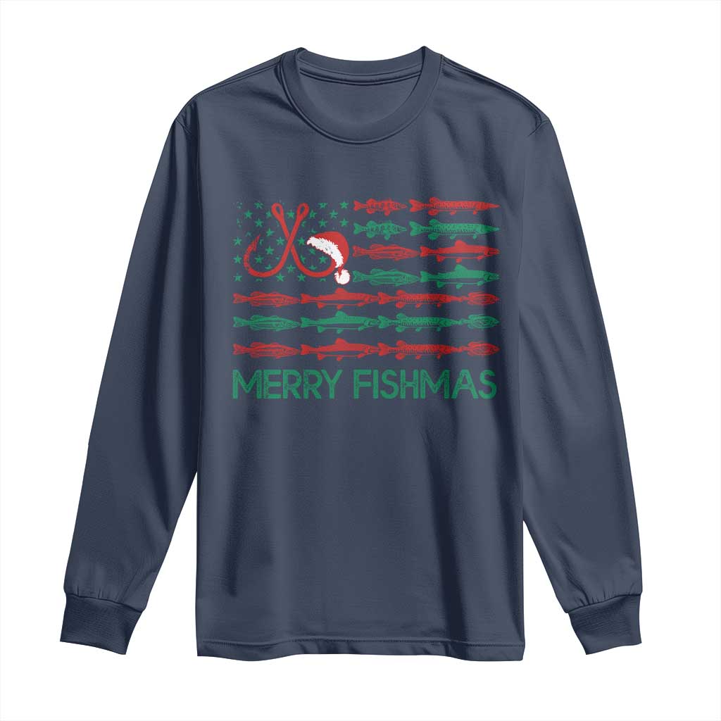 Christmas Fishing Long Sleeve Shirt Merry Fishmas Fisherman American Flag TS09 Navy Print Your Wear