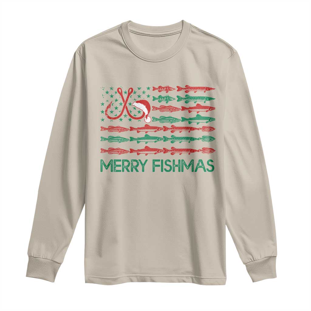 Christmas Fishing Long Sleeve Shirt Merry Fishmas Fisherman American Flag TS09 Sand Print Your Wear