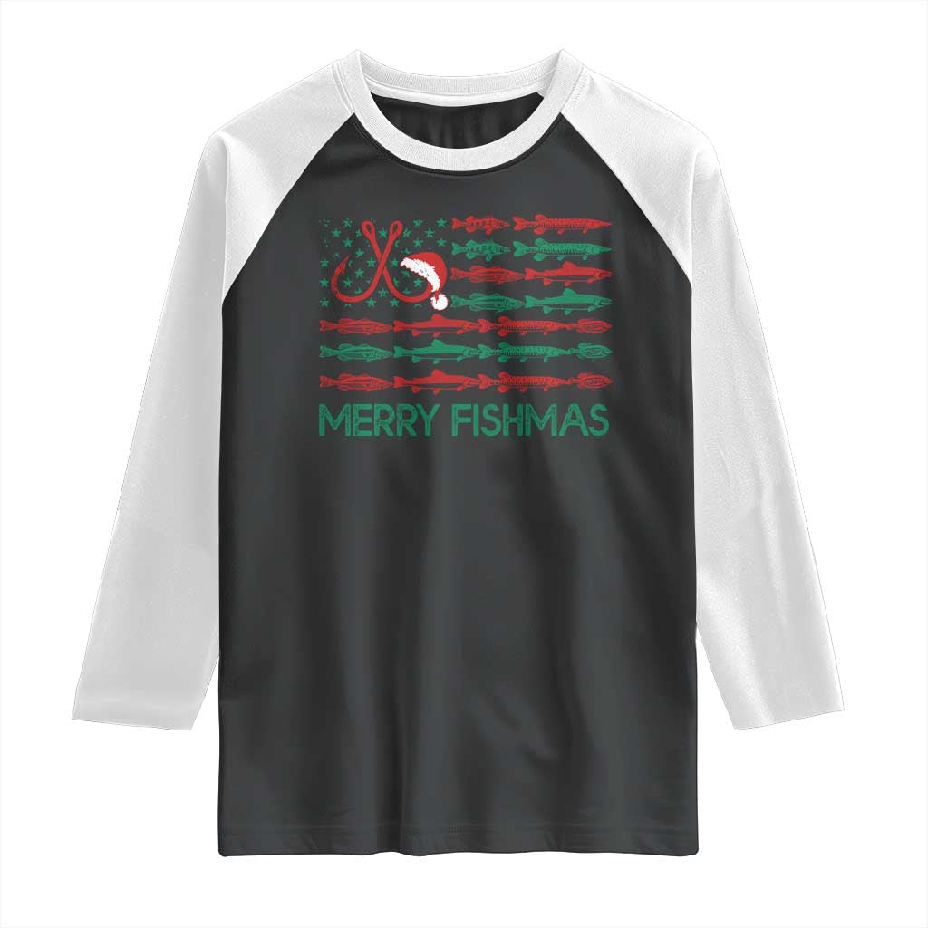 Christmas Fishing Raglan Shirt Merry Fishmas Fisherman American Flag TS09 Black White Print Your Wear