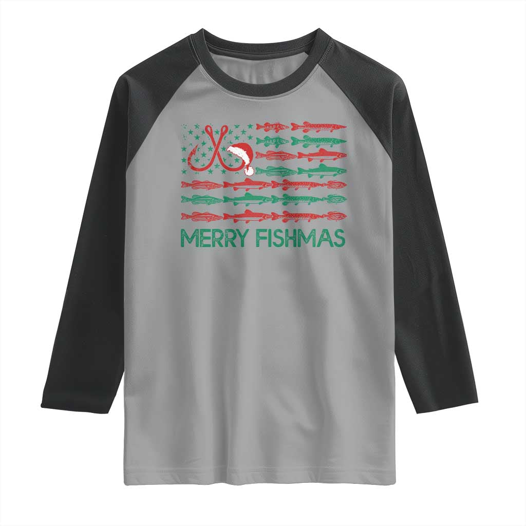 Christmas Fishing Raglan Shirt Merry Fishmas Fisherman American Flag TS09 Sport Gray Black Print Your Wear