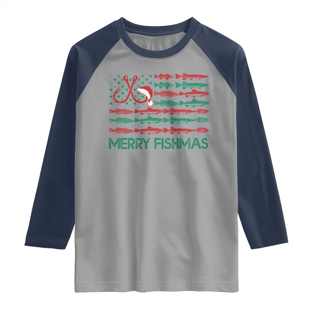 Christmas Fishing Raglan Shirt Merry Fishmas Fisherman American Flag TS09 Sport Gray Navy Print Your Wear