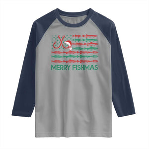 Christmas Fishing Raglan Shirt Merry Fishmas Fisherman American Flag TS09 Sport Gray Navy Print Your Wear