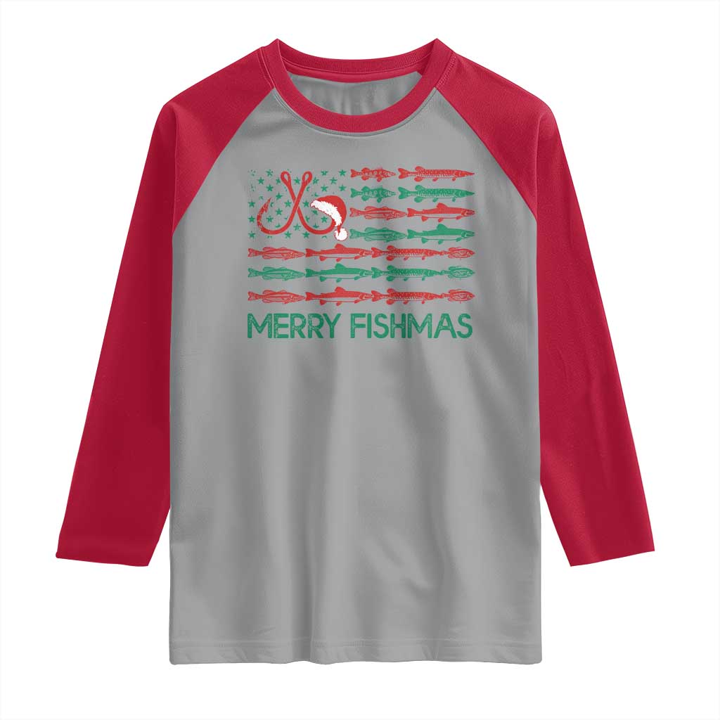 Christmas Fishing Raglan Shirt Merry Fishmas Fisherman American Flag TS09 Sport Gray Red Print Your Wear