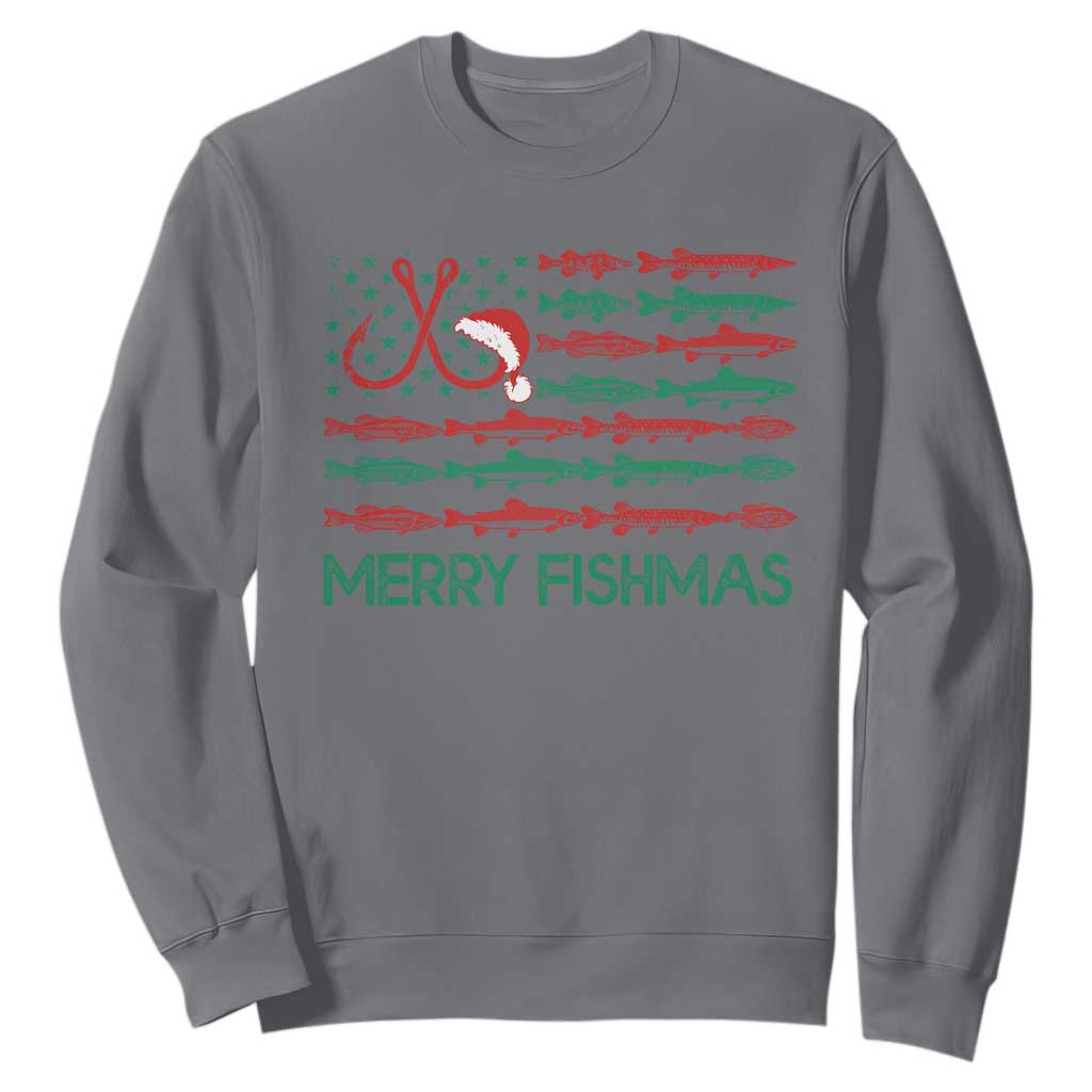 Christmas Fishing Sweatshirt Merry Fishmas Fisherman American Flag TS09 Charcoal Print Your Wear