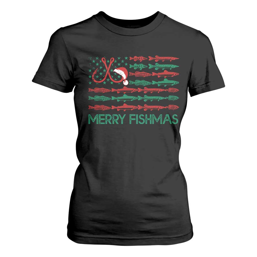 Christmas Fishing T Shirt For Women Merry Fishmas Fisherman American Flag TS09 Black Print Your Wear