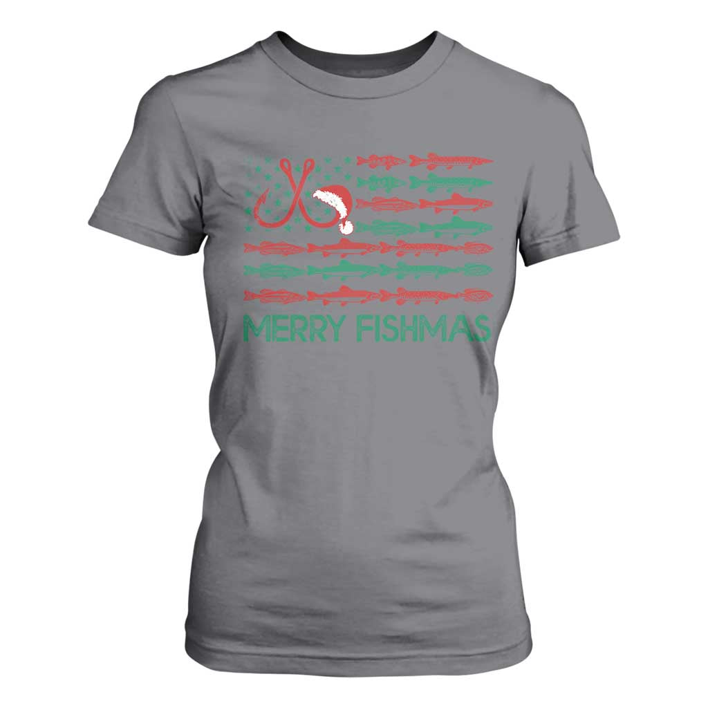 Christmas Fishing T Shirt For Women Merry Fishmas Fisherman American Flag TS09 Charcoal Print Your Wear