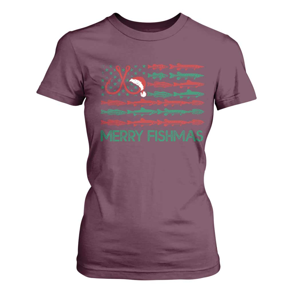 Christmas Fishing T Shirt For Women Merry Fishmas Fisherman American Flag TS09 Maroon Print Your Wear