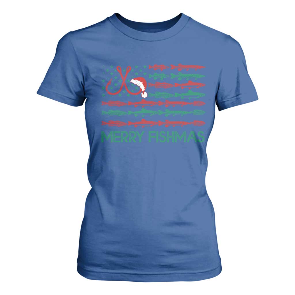 Christmas Fishing T Shirt For Women Merry Fishmas Fisherman American Flag TS09 Royal Blue Print Your Wear