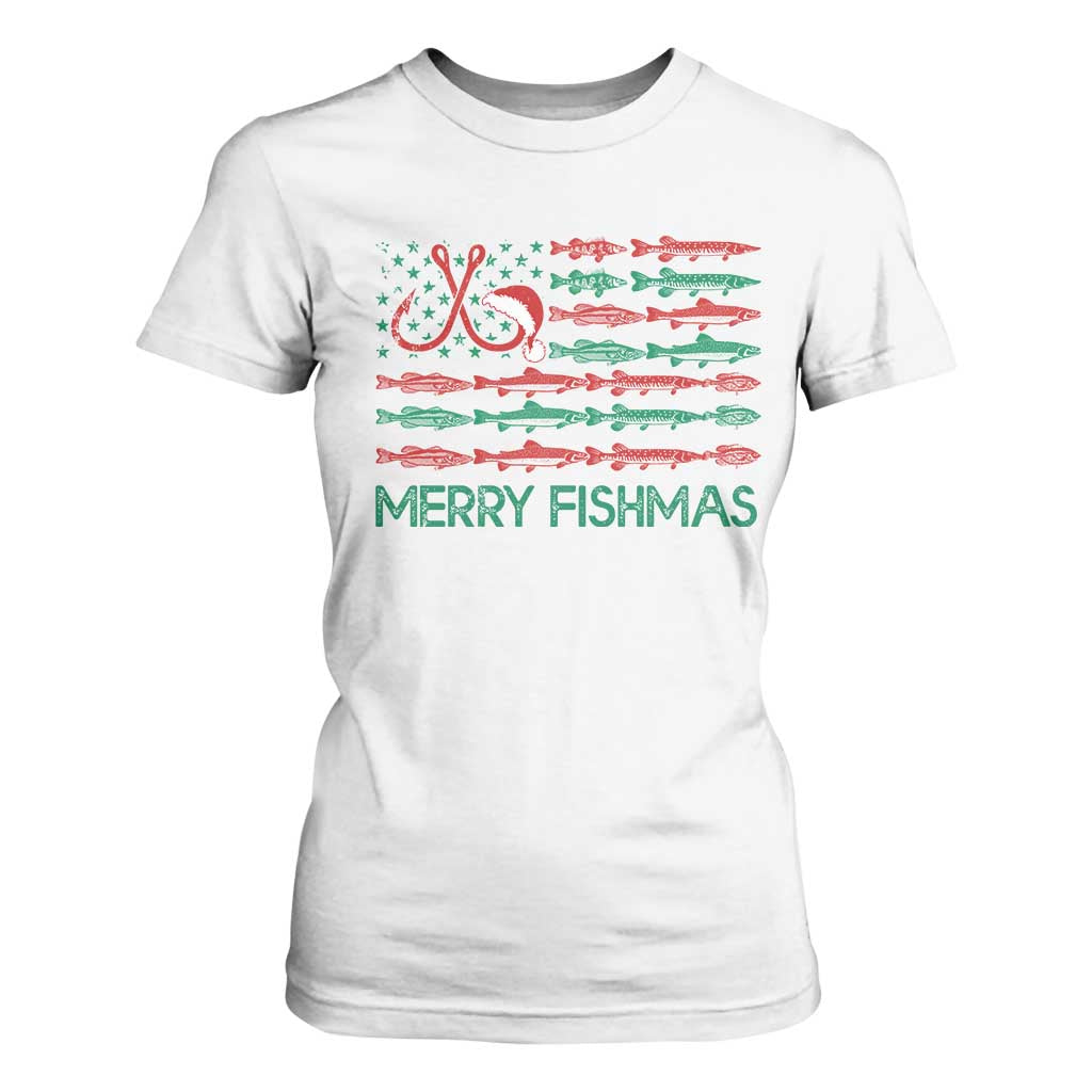 Christmas Fishing T Shirt For Women Merry Fishmas Fisherman American Flag TS09 White Print Your Wear
